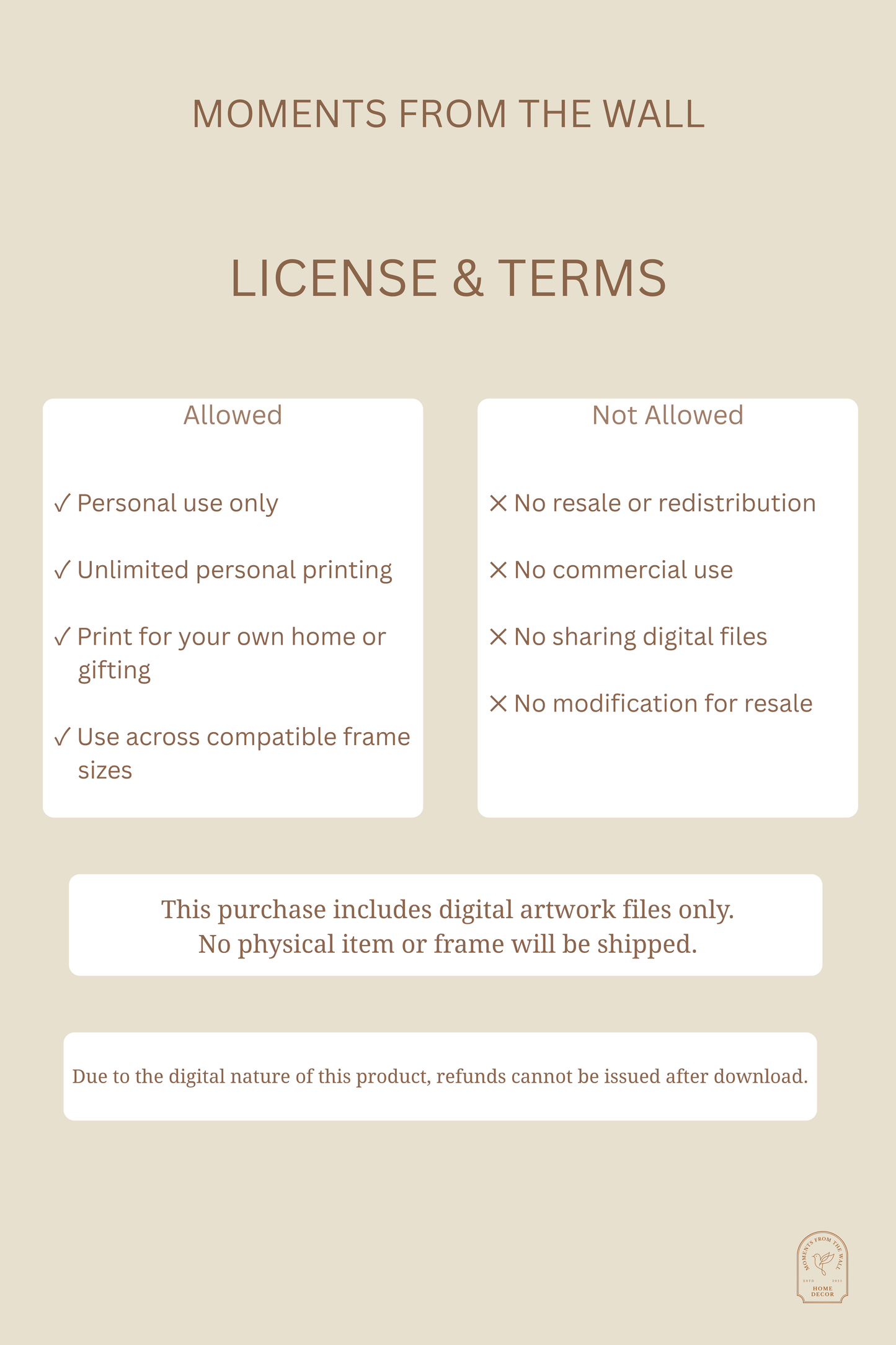 Digital wall art personal use license showing permitted printing, usage terms and instant download information