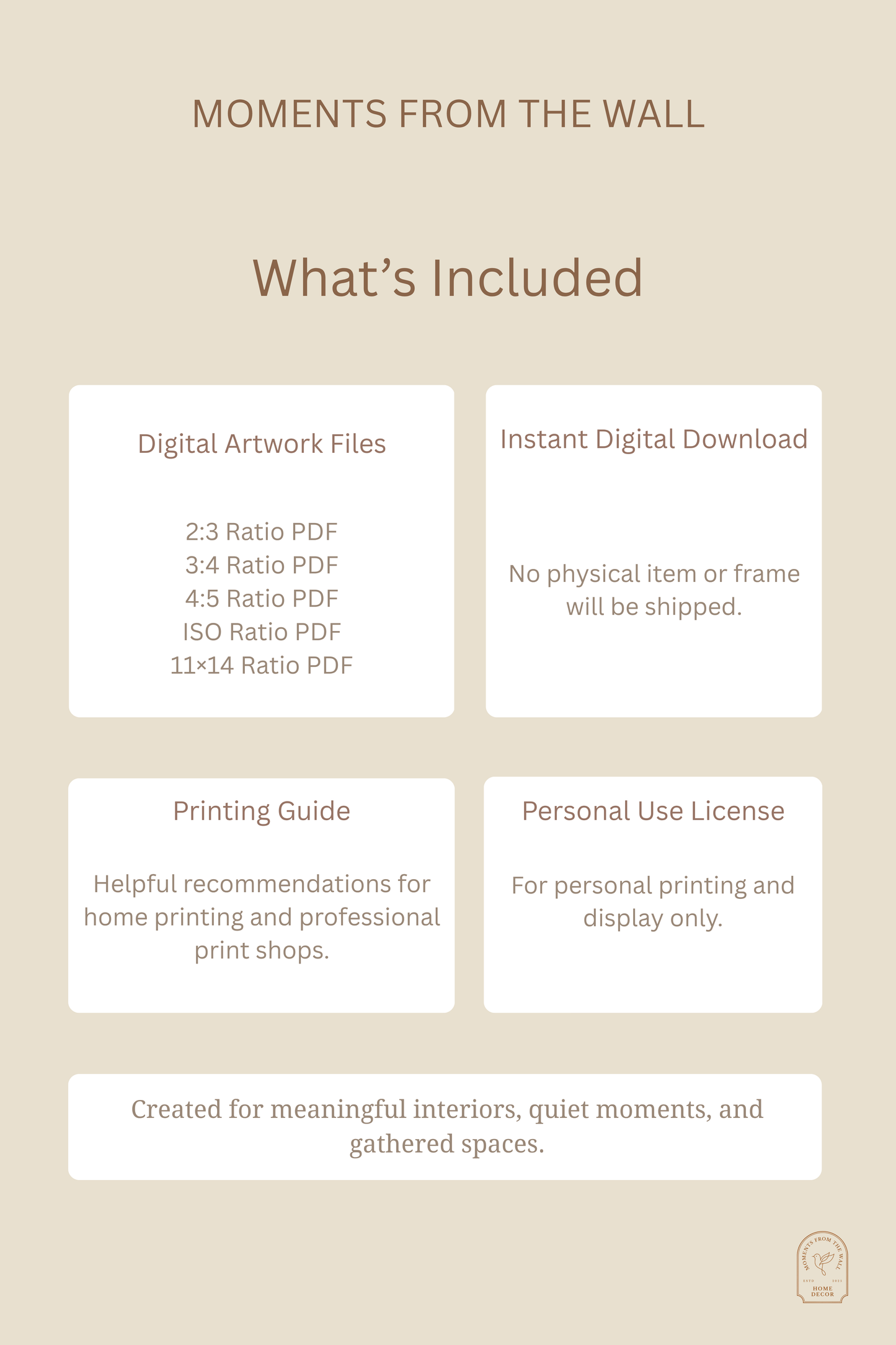 Digital wall art download contents including five printable PDF ratios, printing guide and personal use license