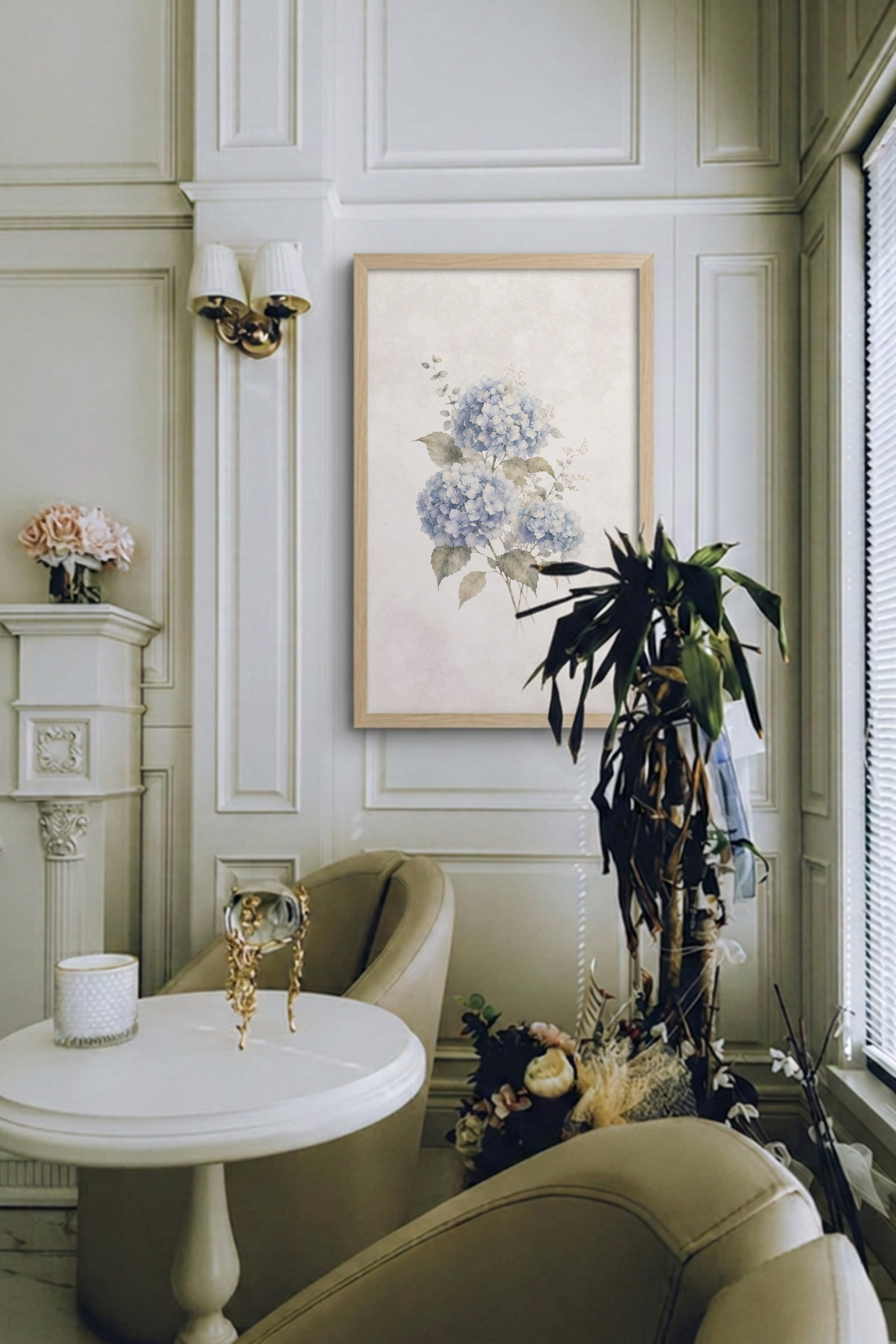 Blue Stillness blue hydrangea botanical wall art displayed in an elegant traditional living room with soft natural light.