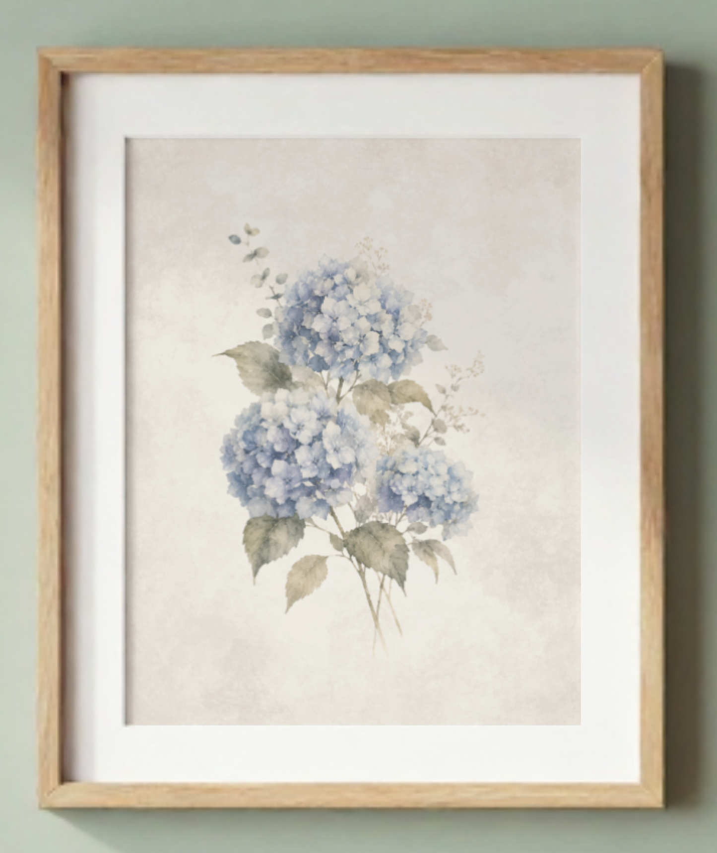Blue Stillness neutral blue hydrangea botanical wall art digital download in a light oak frame with white mat.