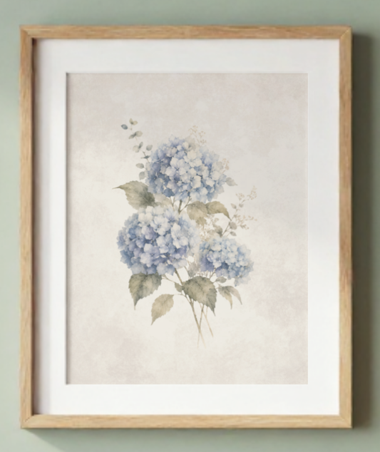 Blue Stillness neutral blue hydrangea botanical wall art digital download in a light oak frame with white mat.
