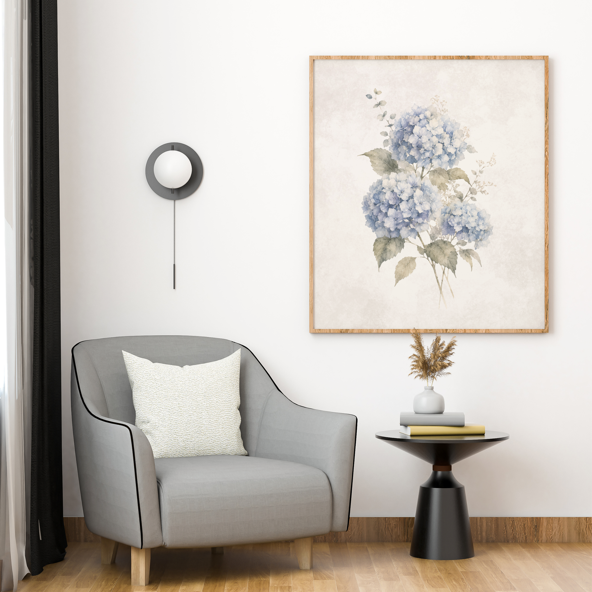 Blue Stillness neutral botanical wall art styled above a modern reading chair in a bright minimalist interior.
