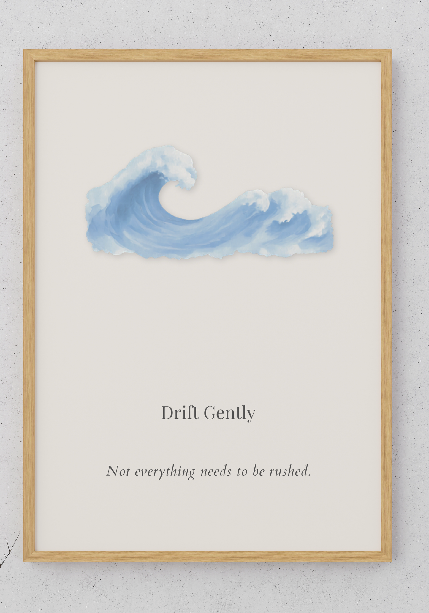Drift Gently printable coastal wall art featuring a minimalist watercolor ocean wave in a light oak frame with soft neutral tones.