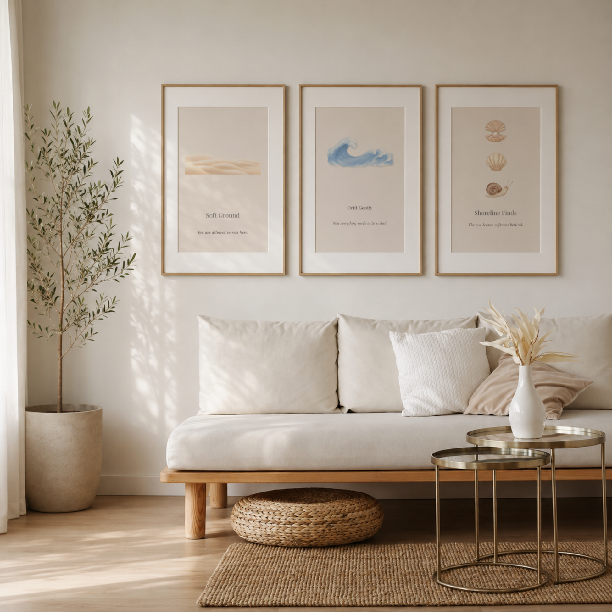 Drift Gently displayed with Soft Ground and Shoreline Finds from the Coastal Calm Collection in a serene minimalist coastal living room.