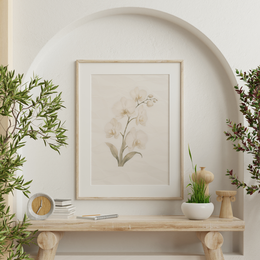 Neutral orchid wall art displayed above a wooden console in a minimalist organic modern interior.