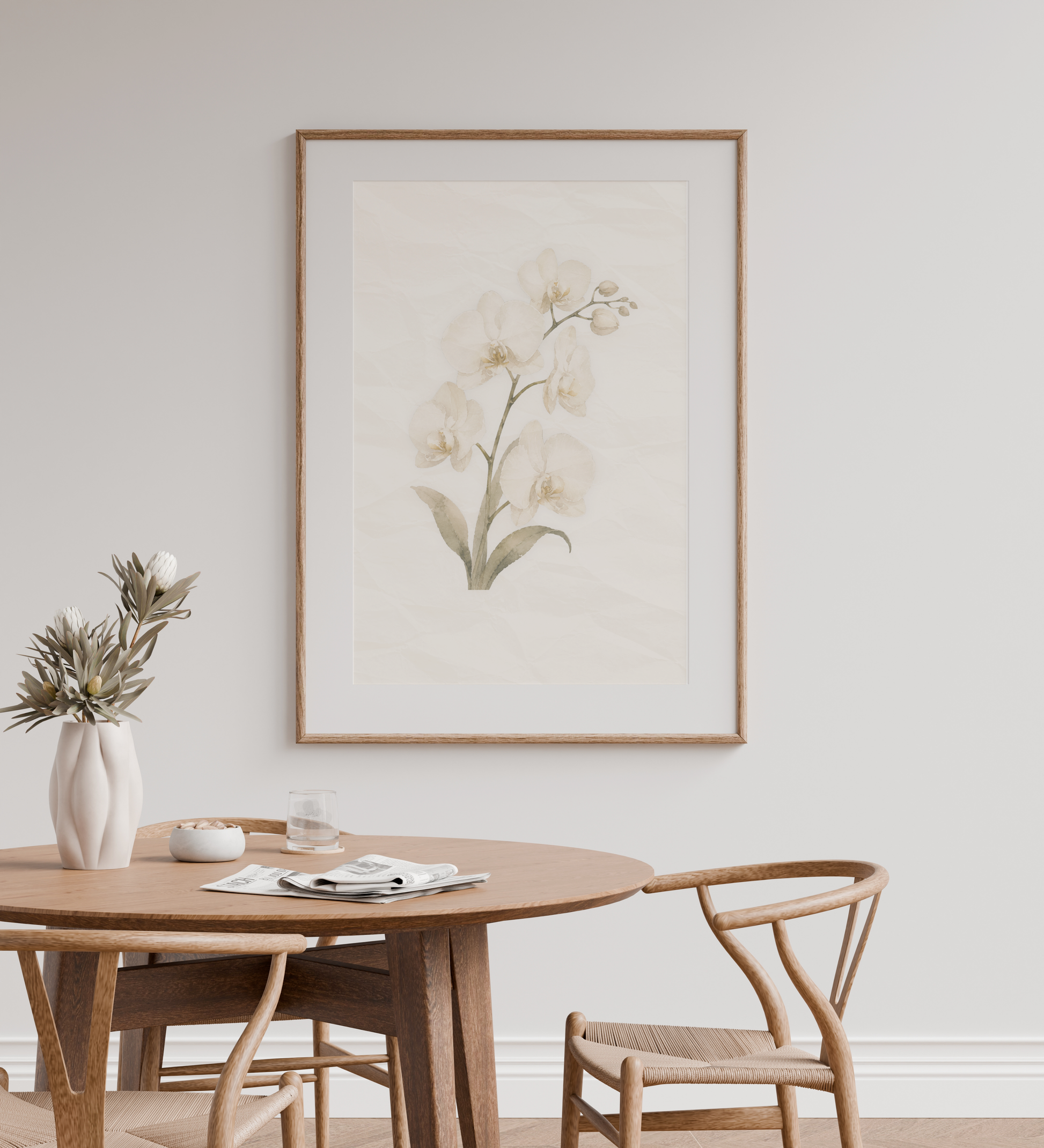 Morning Quiet neutral orchid botanical wall art displayed above an oak dining table in a Scandinavian dining room.