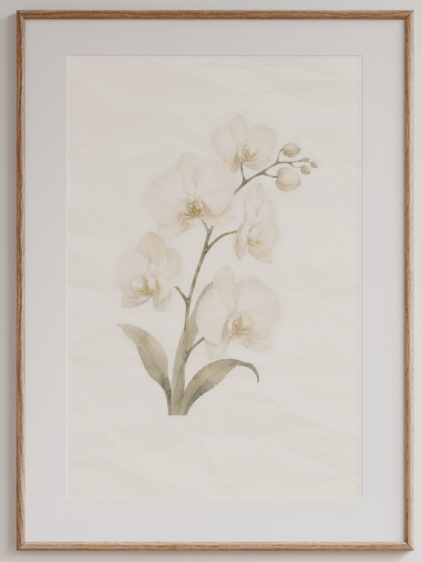 Close-up of Morning Quiet orchid botanical artwork in a natural oak frame with white mat.