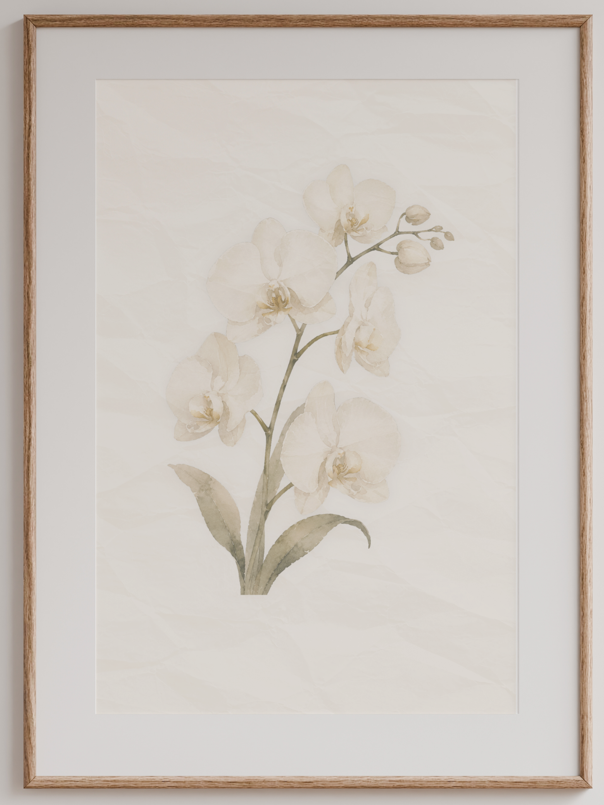 Close-up of Morning Quiet orchid botanical artwork in a natural oak frame with white mat.