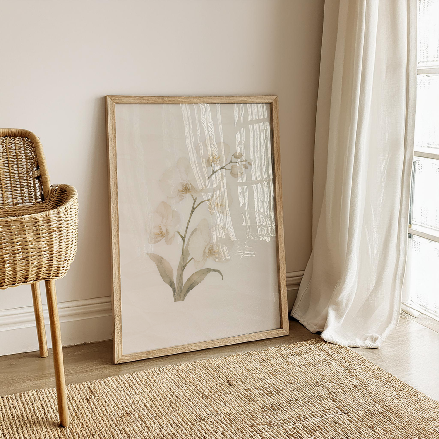 Framed neutral orchid printable wall art styled beside a reading chair with warm natural light and linen curtains.