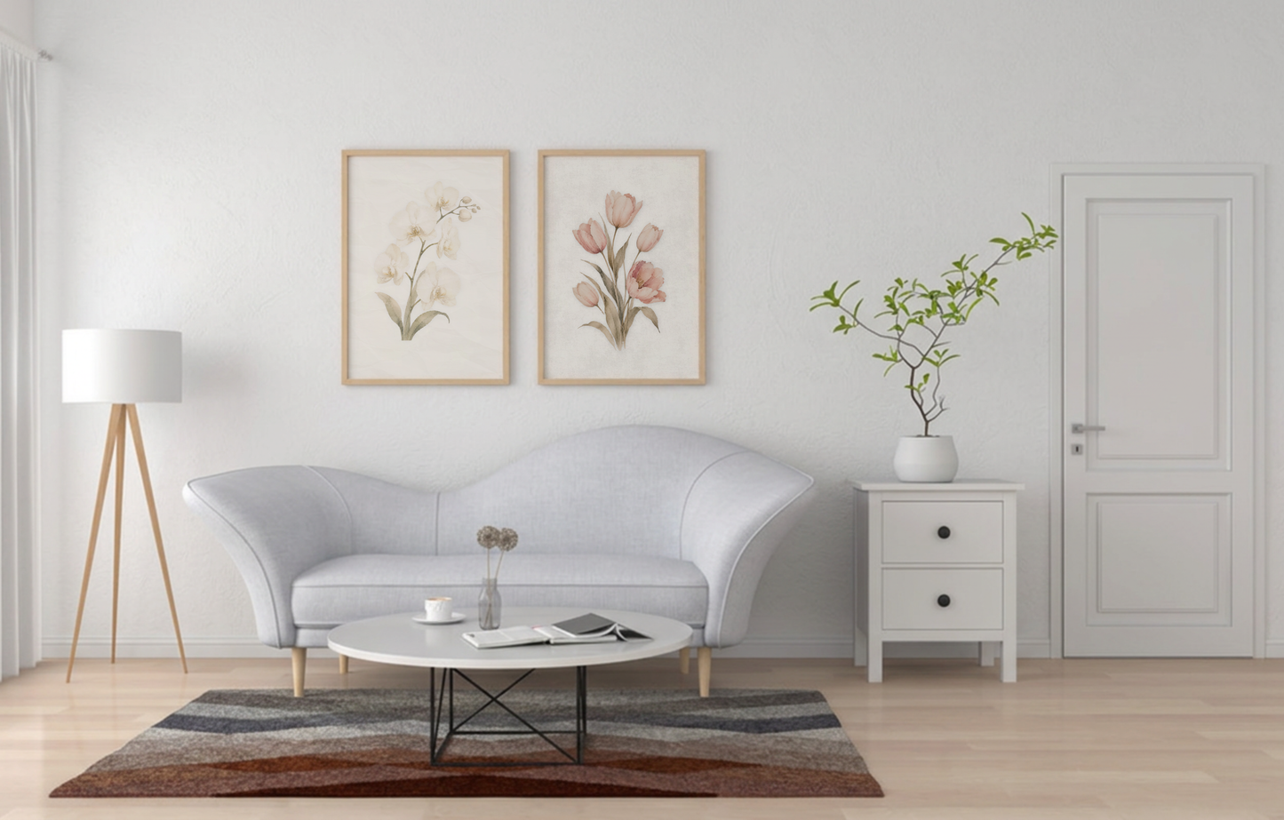 Quiet Bloom and Morning Quiet botanical wall art displayed together as part of the Quiet Conservatory Collection in a neutral living room.