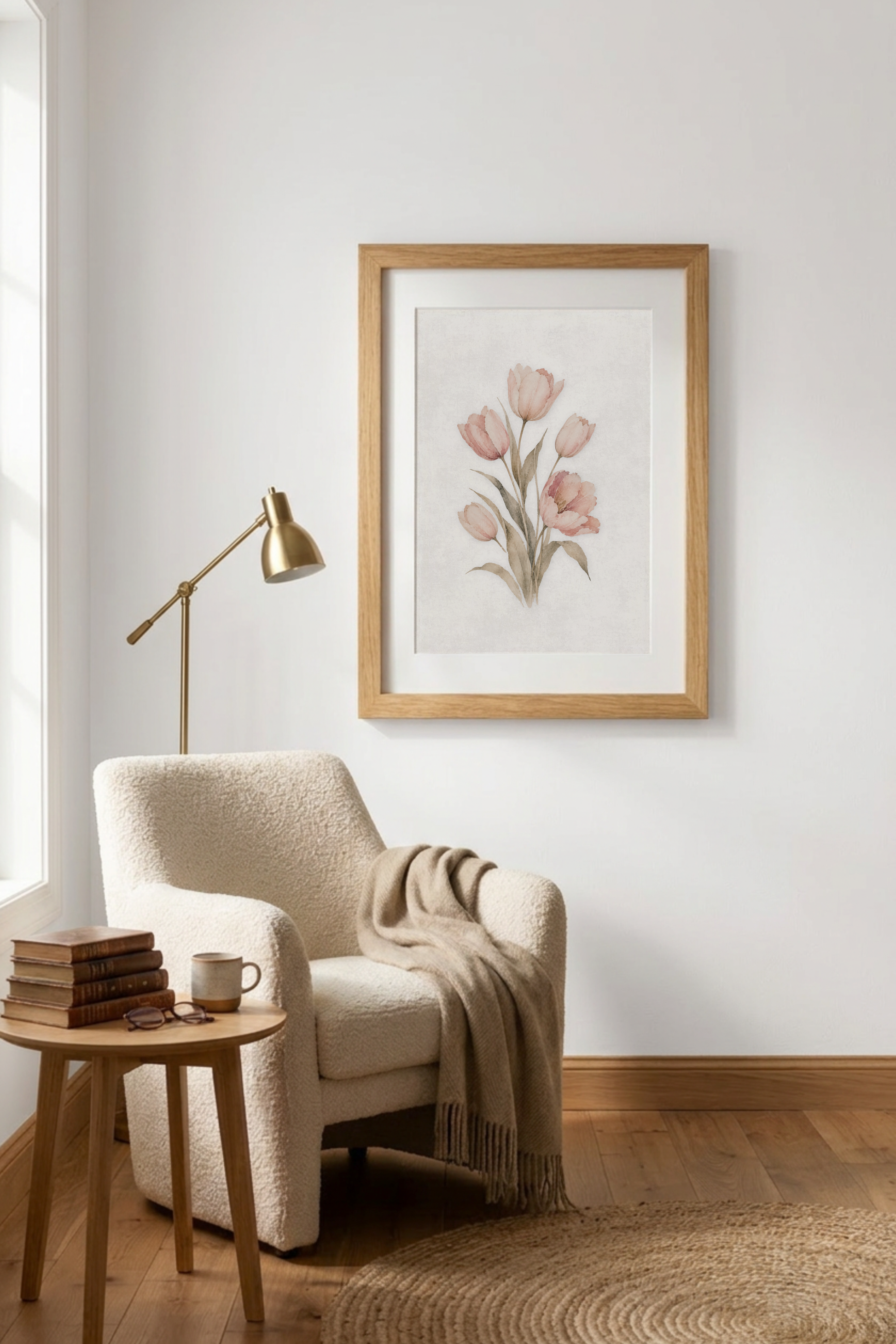 Quiet Bloom botanical wall art styled above a cosy reading corner with a boucle armchair, warm wood accents and natural daylight.