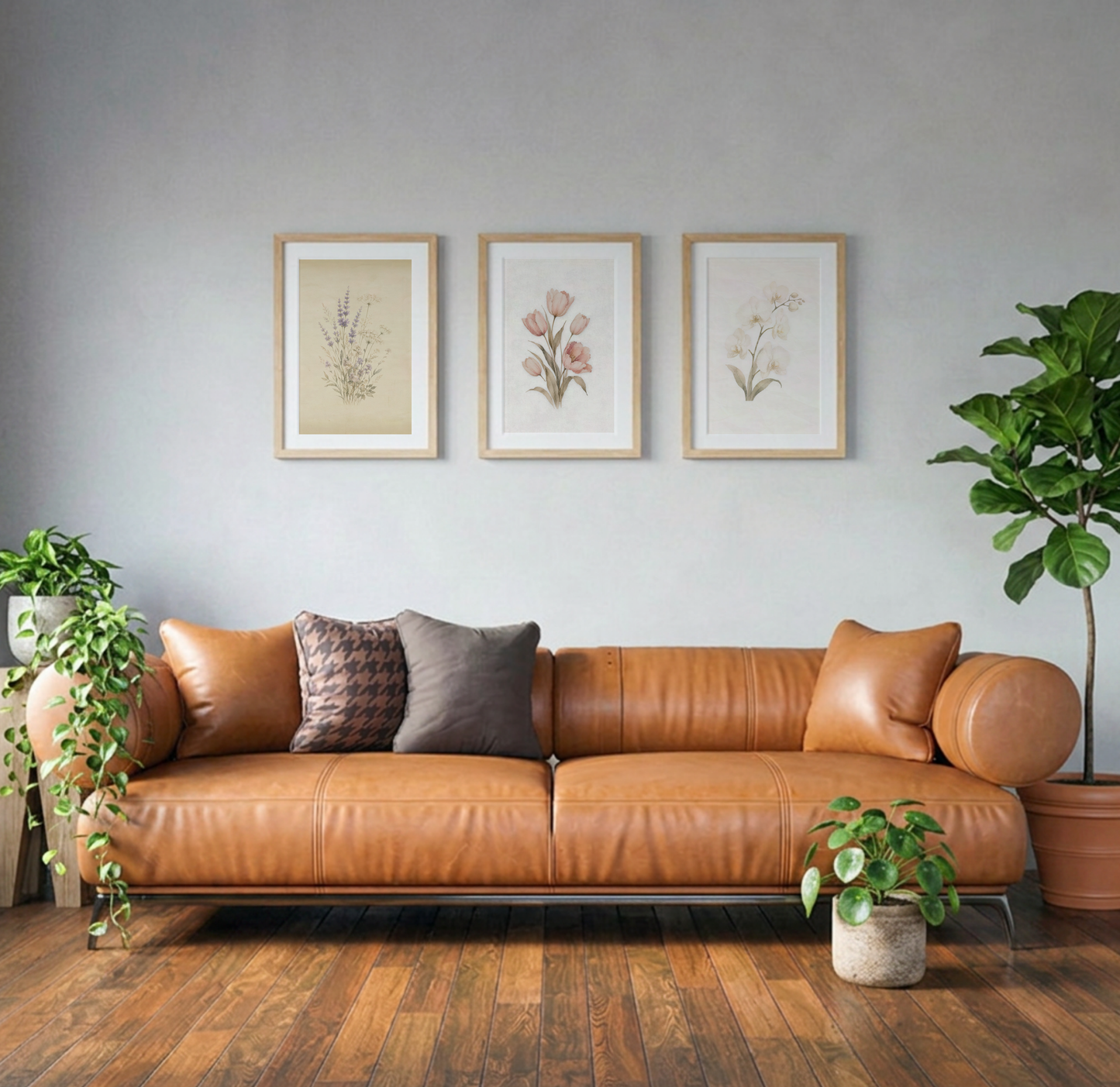 Quiet Conservatory botanical wall art collection featuring Lavender Meadow, Quiet Bloom, and Morning Quiet displayed as a neutral gallery wall above a warm leather sofa.