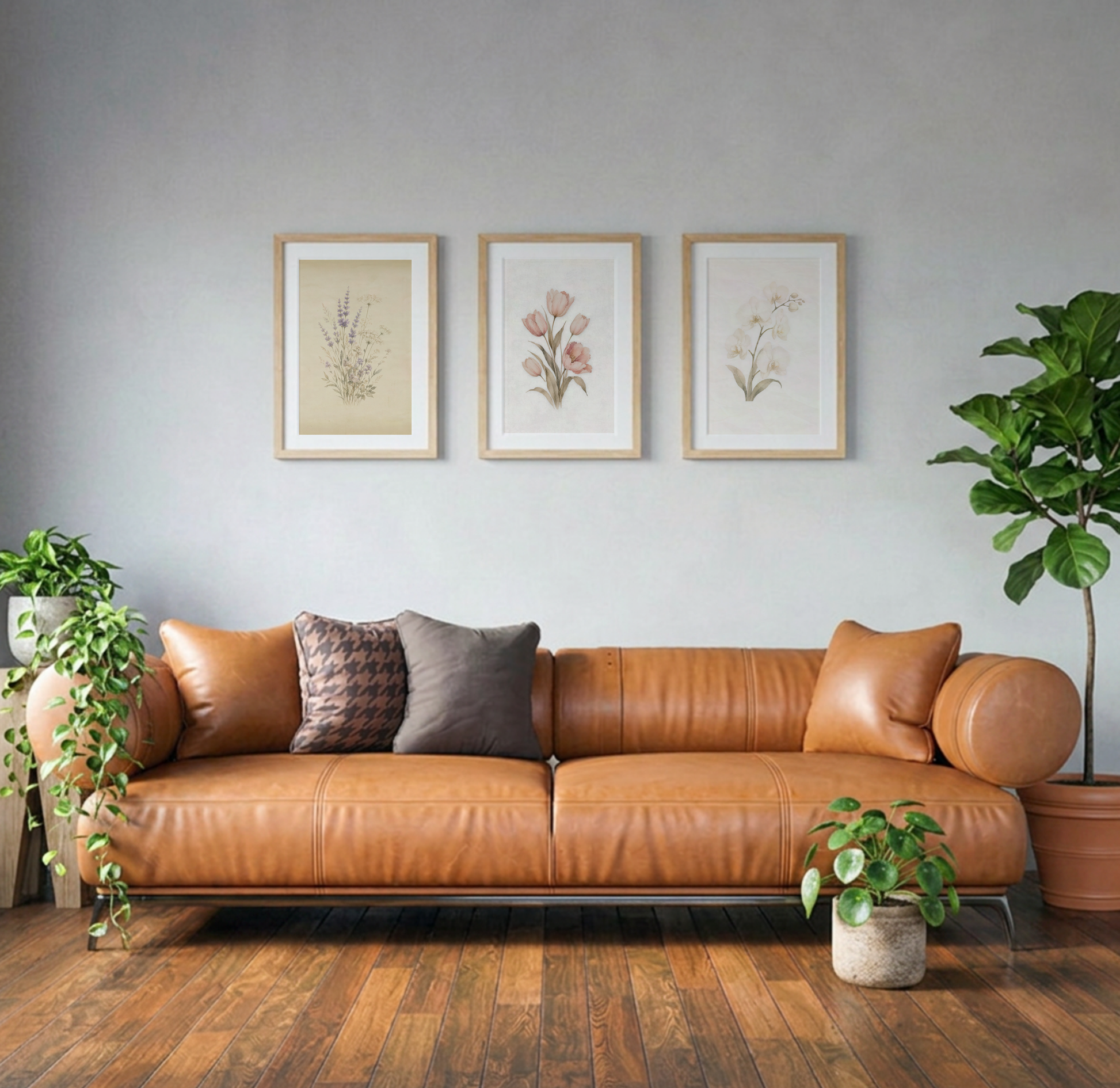 Quiet Conservatory botanical wall art collection featuring Lavender Meadow, Quiet Bloom, and Morning Quiet displayed as a neutral gallery wall above a warm leather sofa.