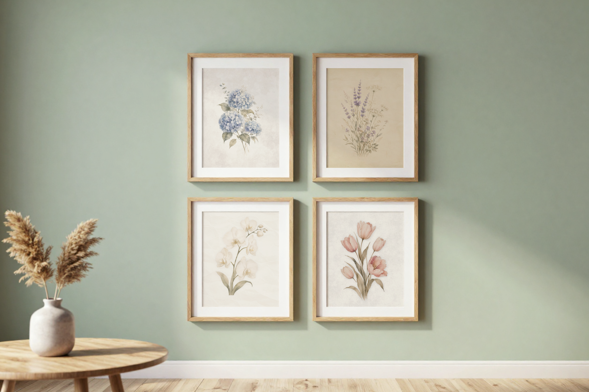 Quiet Conservatory botanical wall art collection featuring Blue Stillness, Quiet Bloom, Morning Quiet and Softly Gathered in matching light oak frames.