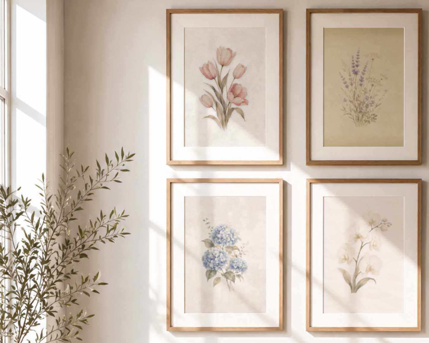 Close-up view of the Quiet Conservatory Collection showing four botanical printable wall art pieces in coordinated light wood frames.
