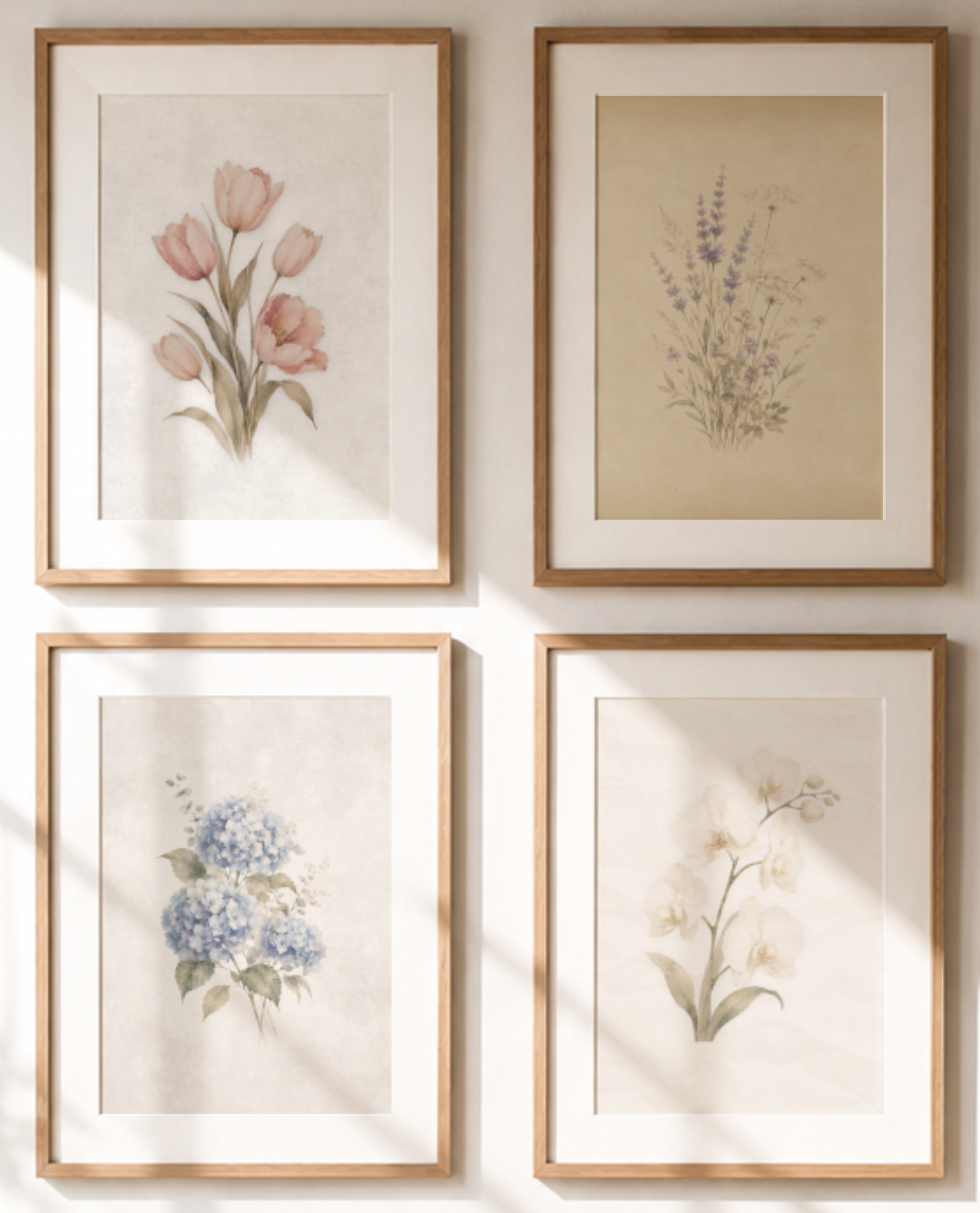 Detail of the Quiet Conservatory Collection botanical gallery wall highlighting soft floral compositions in warm neutral tones.