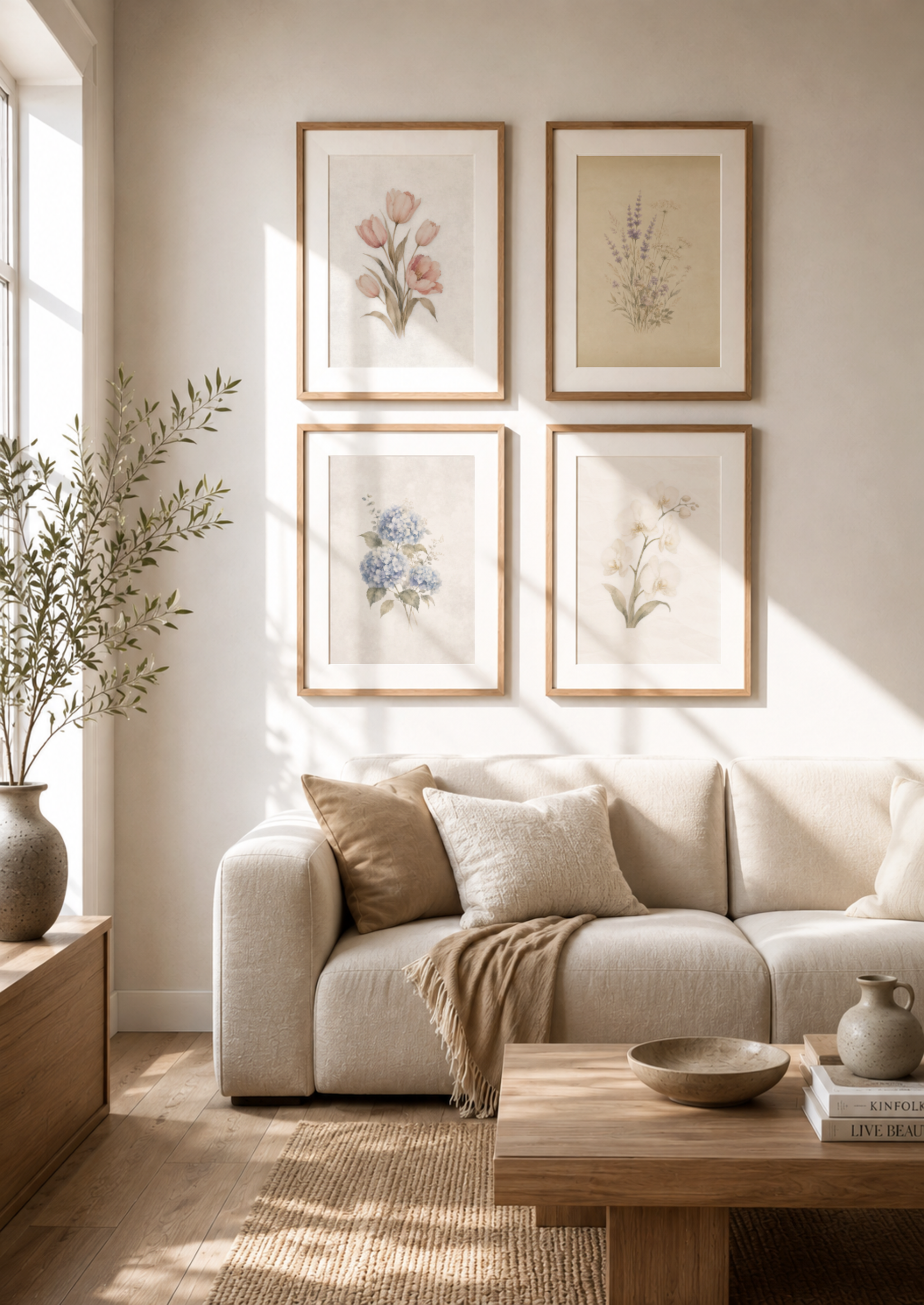 Quiet Conservatory Collection botanical wall art set featuring four neutral floral printable artworks displayed in a Scandinavian style living room.