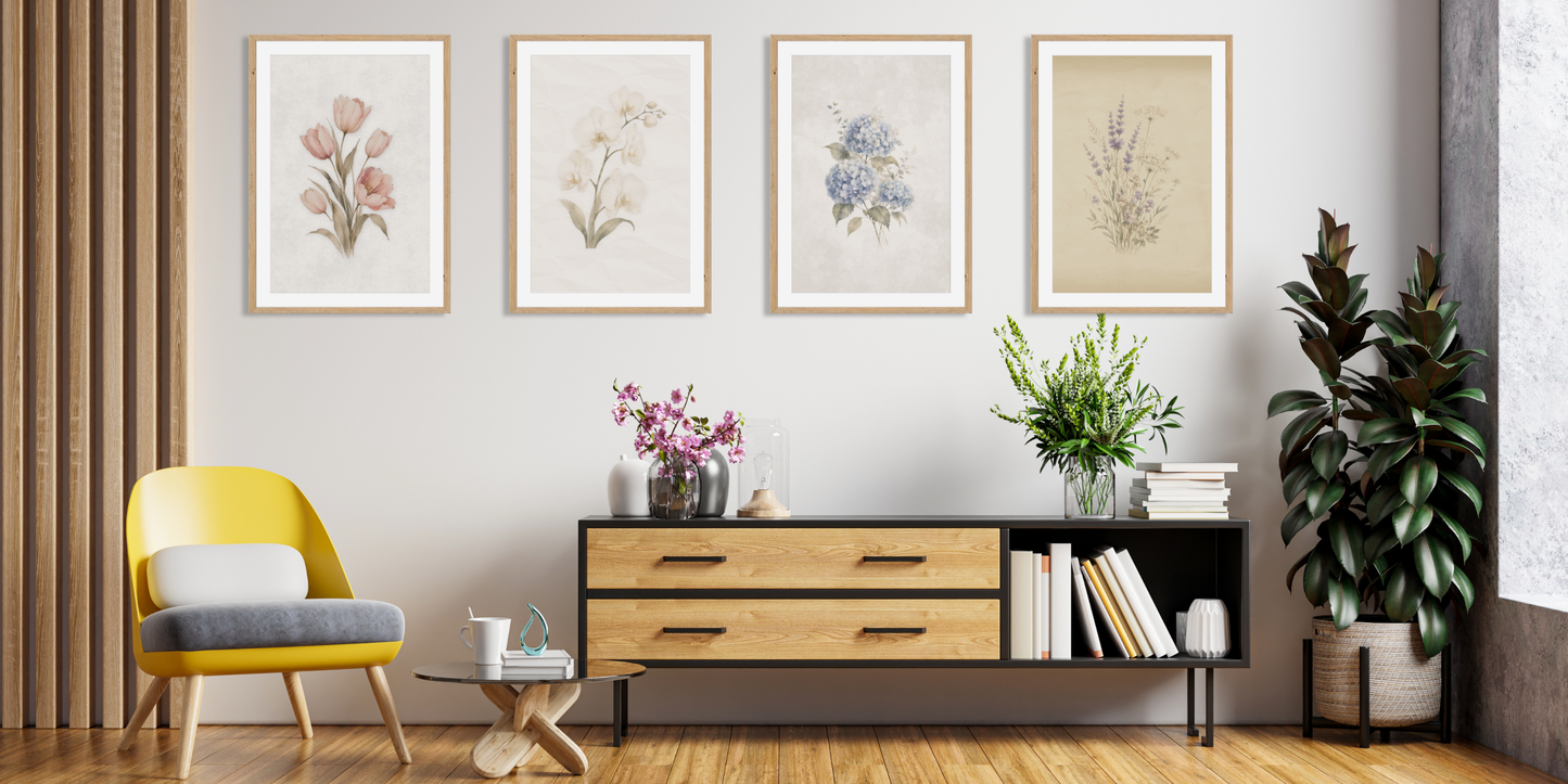 Quiet Conservatory Collection displayed above a modern sofa in a calm neutral living room with Scandinavian inspired styling.
