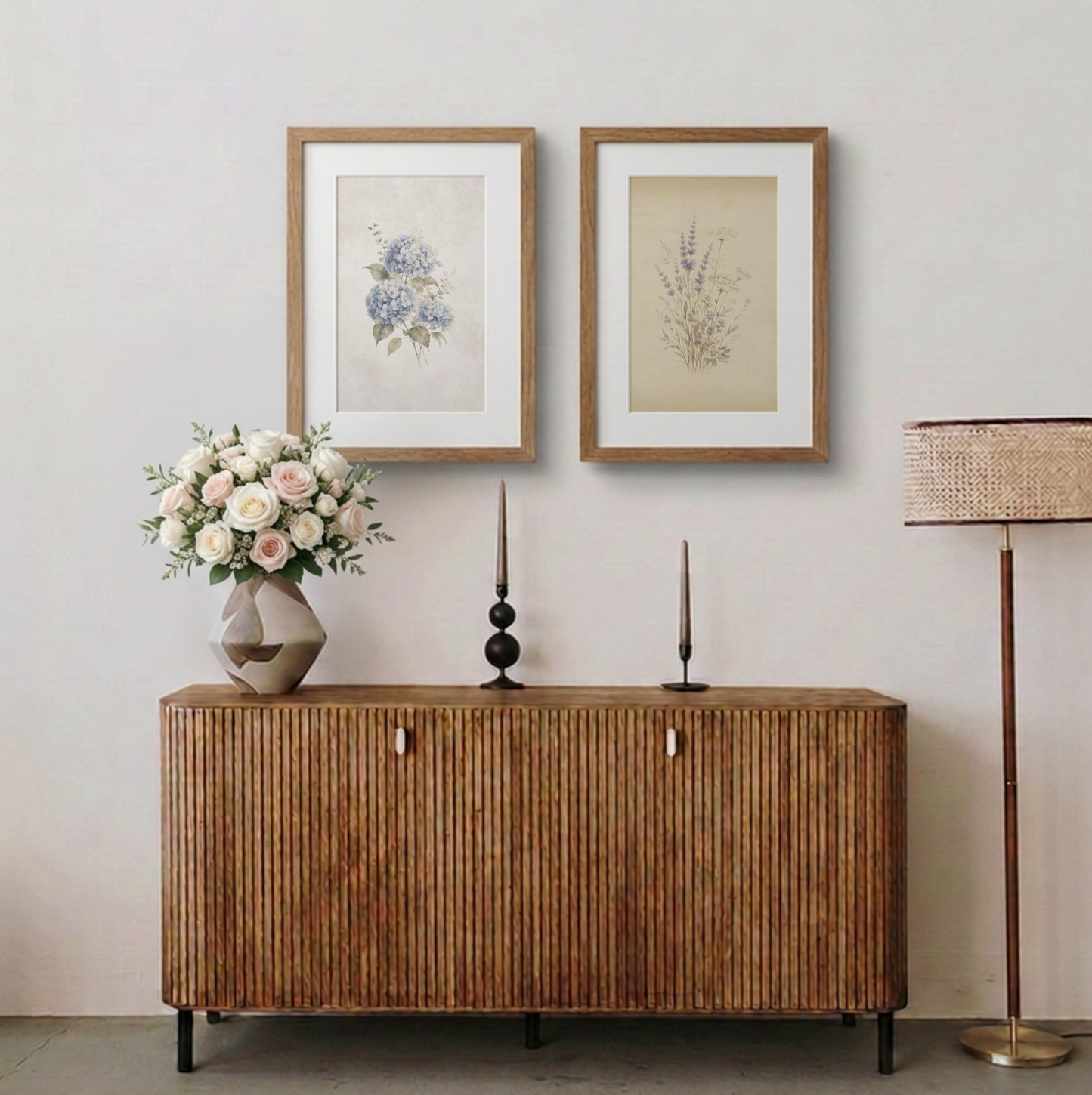 Softly Gathered paired with Blue Stillness botanical printable wall art creating a peaceful gallery wall.