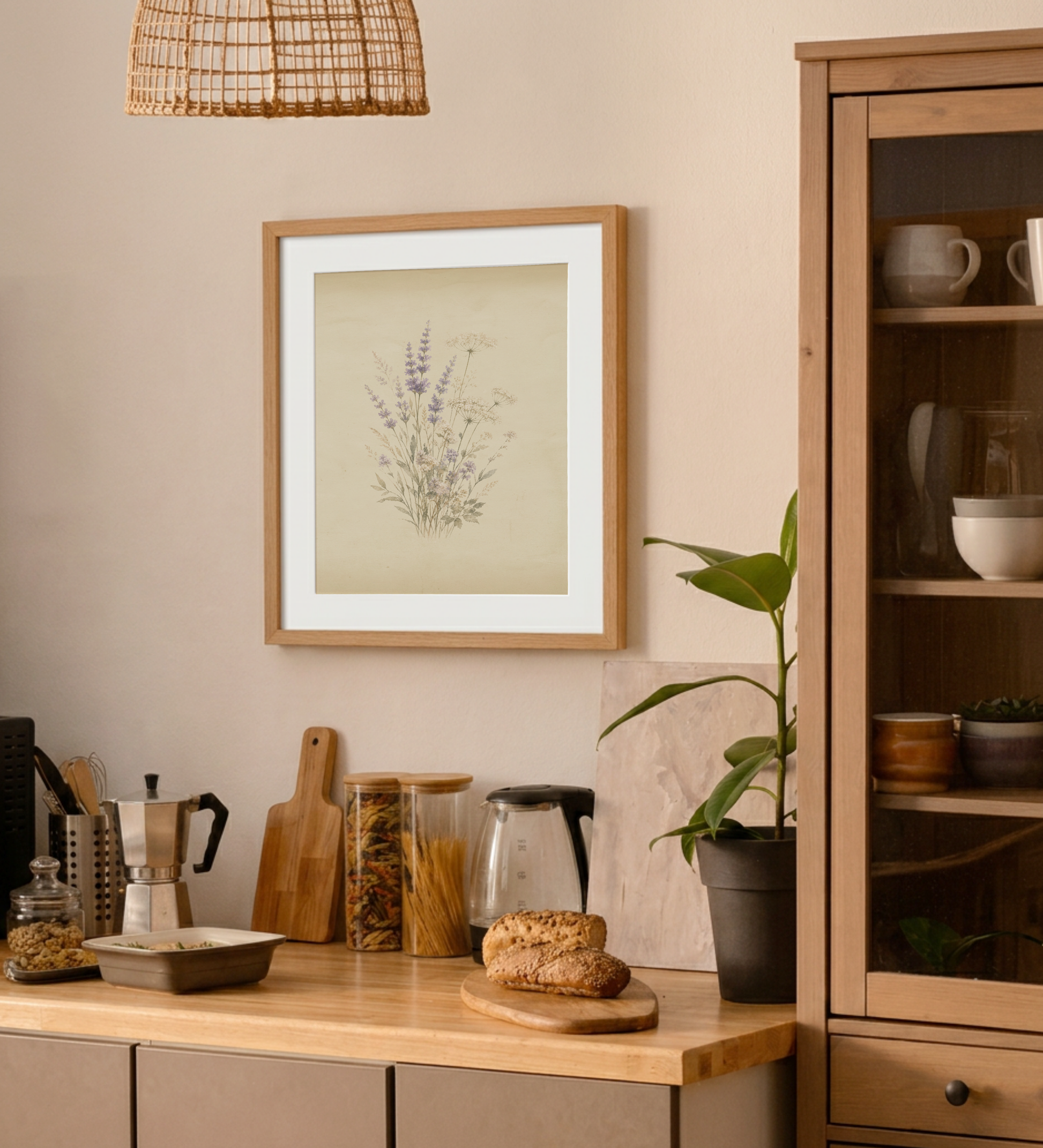 Softly Gathered botanical printable wall art displayed in a warm neutral kitchen.