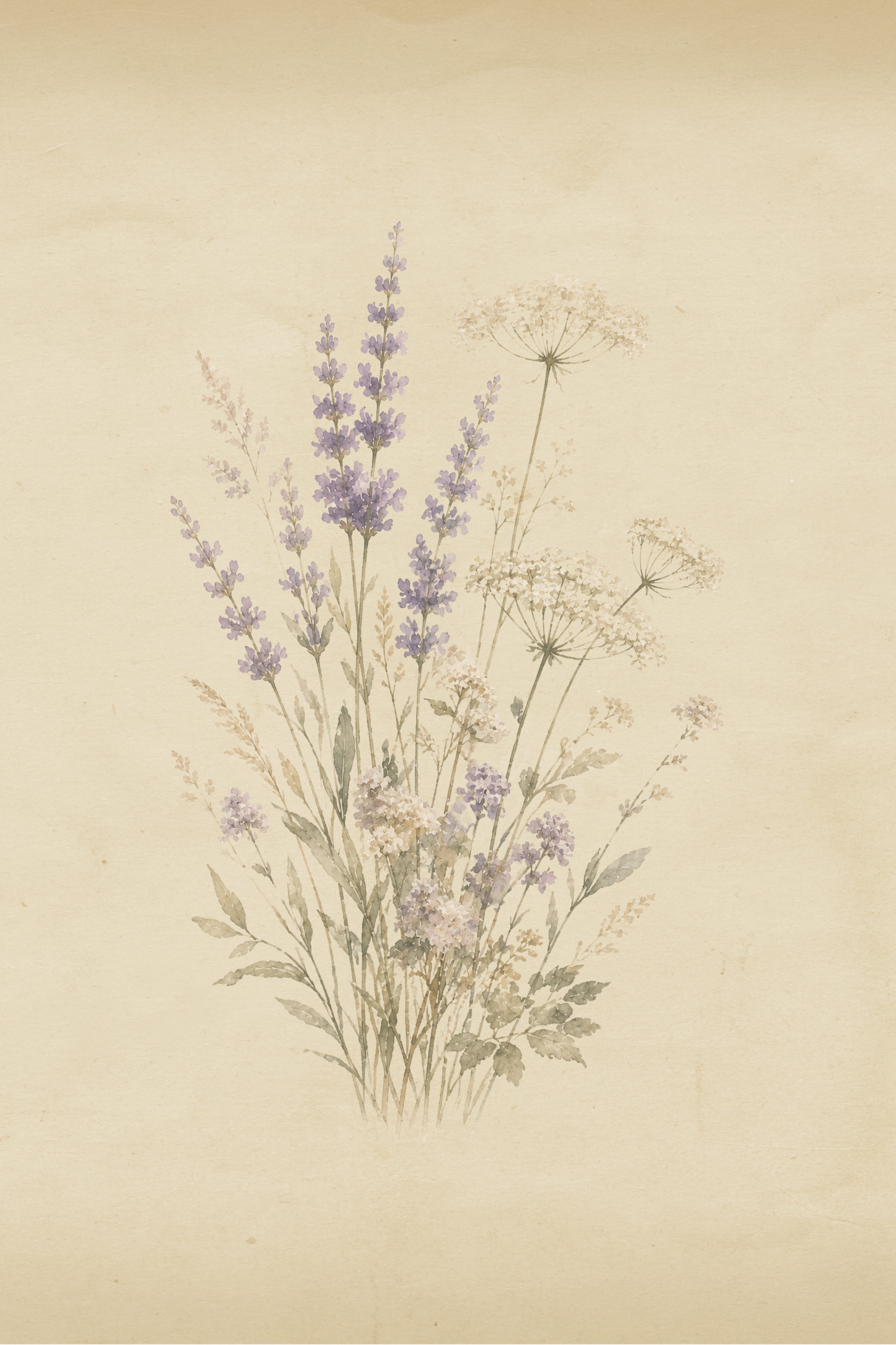 Close-up of Softly Gathered watercolor wildflower botanical printable with antique paper texture.