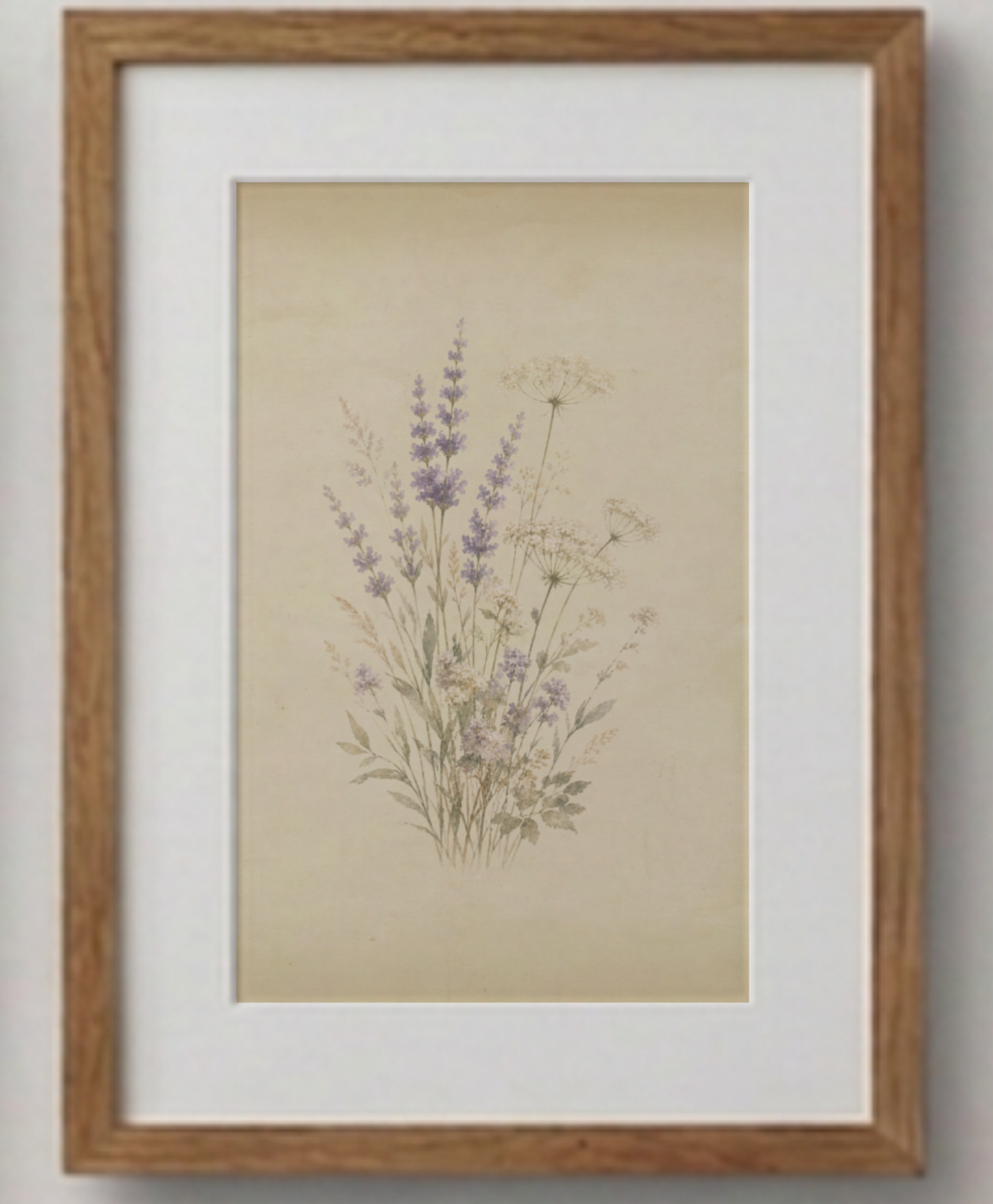 Softly Gathered neutral wildflower botanical printable wall art in a natural oak frame.