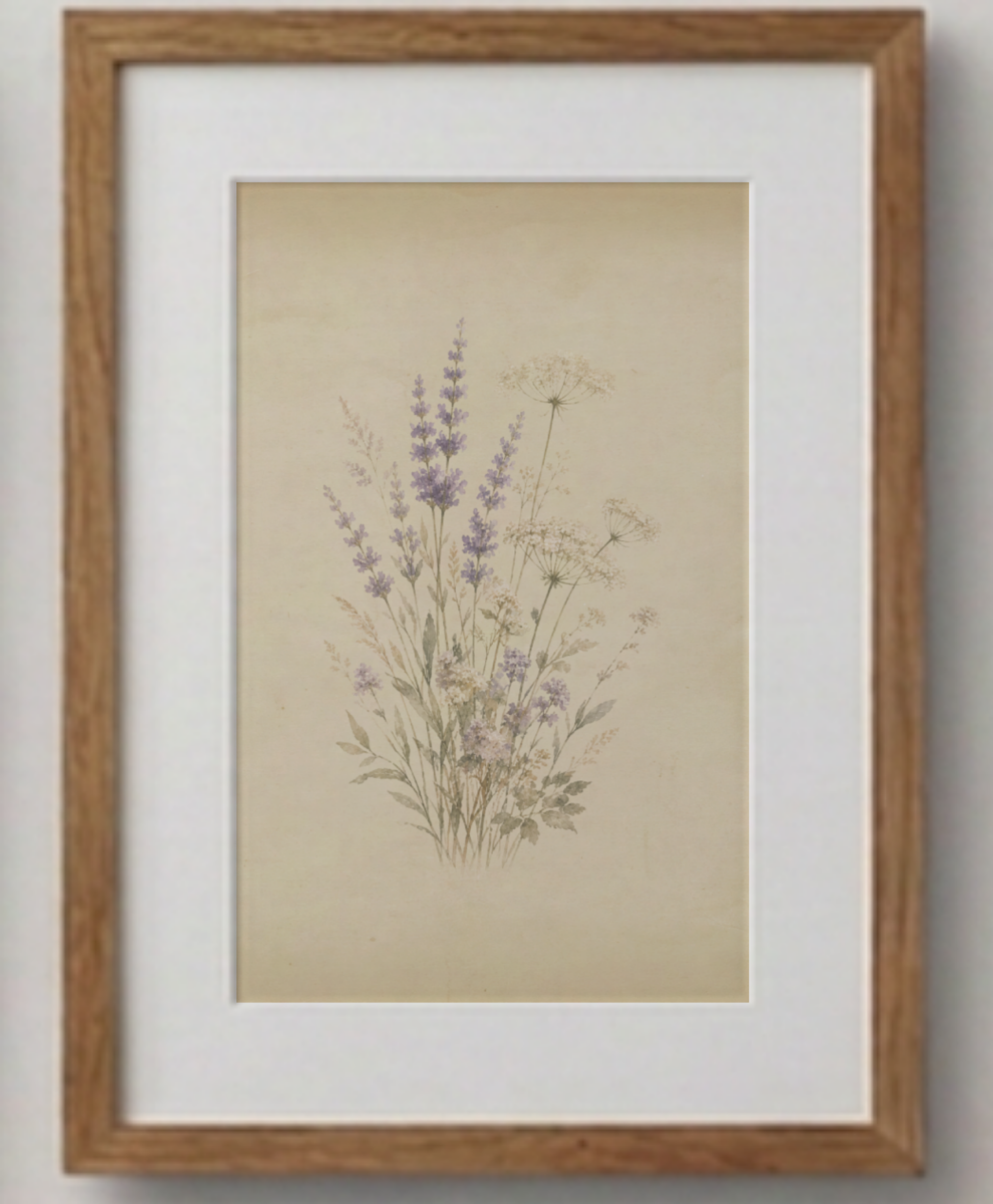 Softly Gathered neutral wildflower botanical printable wall art in a natural oak frame.